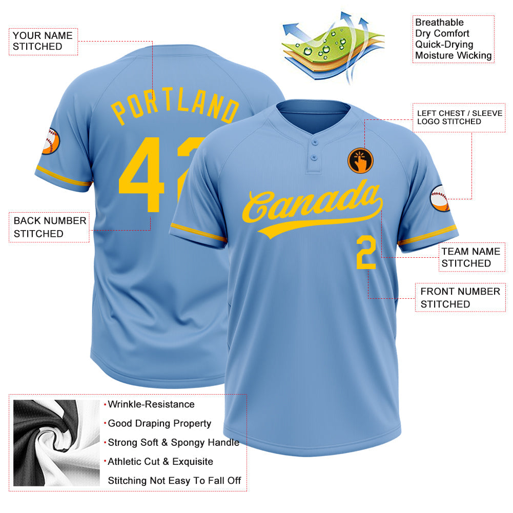 Custom Light Blue Yellow Two-Button Unisex Softball Jersey view 3
