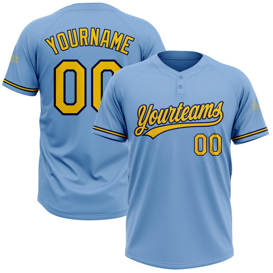 Custom Light Blue Yellow-Navy Two-Button Unisex Softball Jersey - Main View