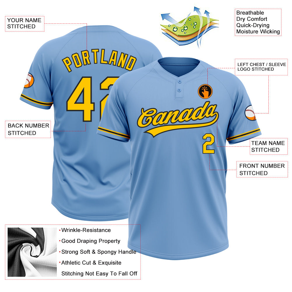 Custom Light Blue Yellow-Black Two-Button Unisex Softball Jersey view 3