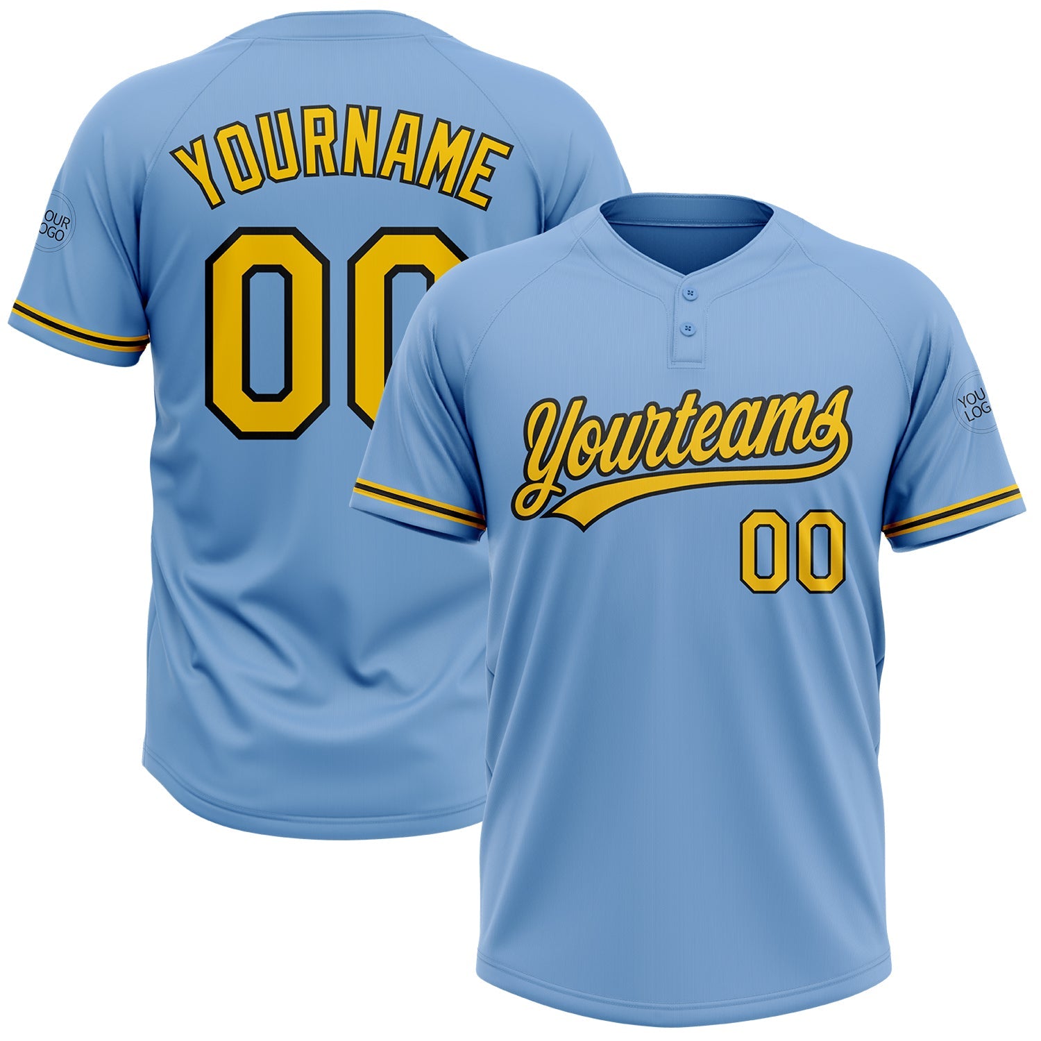 Custom Light Blue Yellow-Black Two-Button Unisex Softball Jersey - Main View