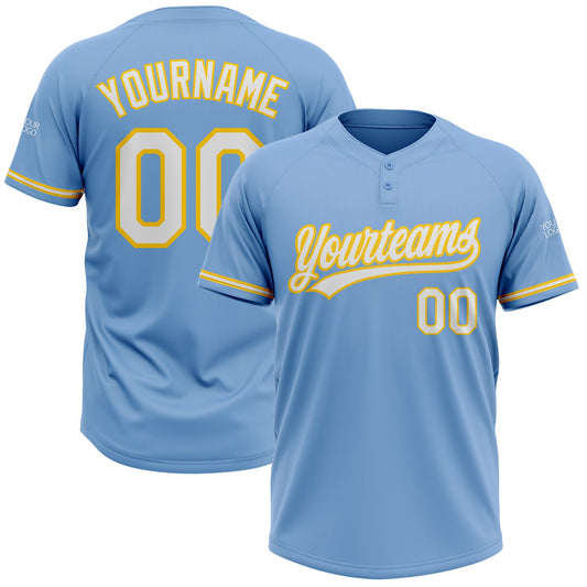 Custom Light Blue White-Yellow Two-Button Unisex Softball Jersey - Main View