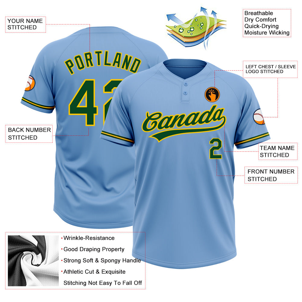 Custom Light Blue Green-Yellow Two-Button Unisex Softball Jersey view 3