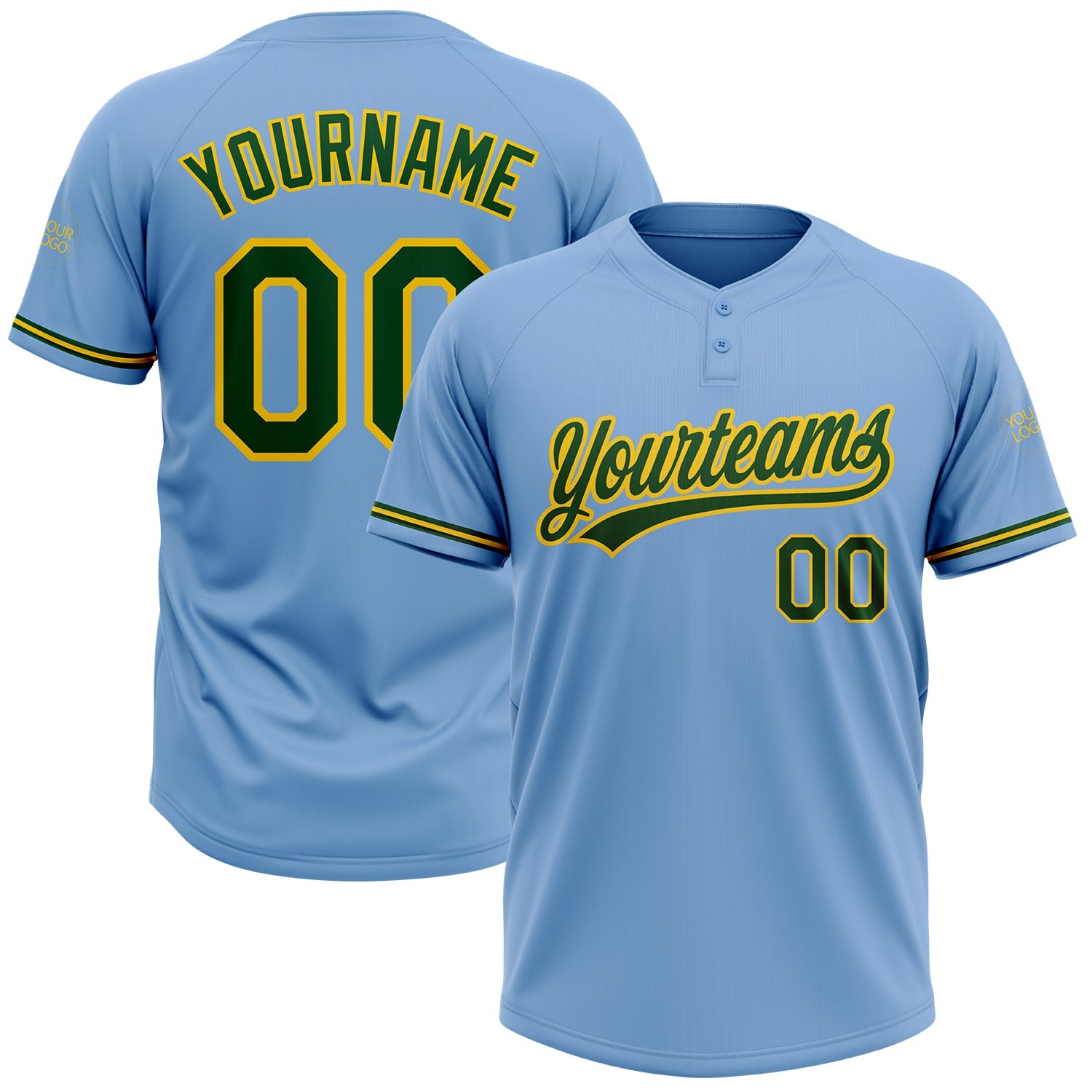 Custom Light Blue Green-Yellow Two-Button Unisex Softball Jersey - Main View