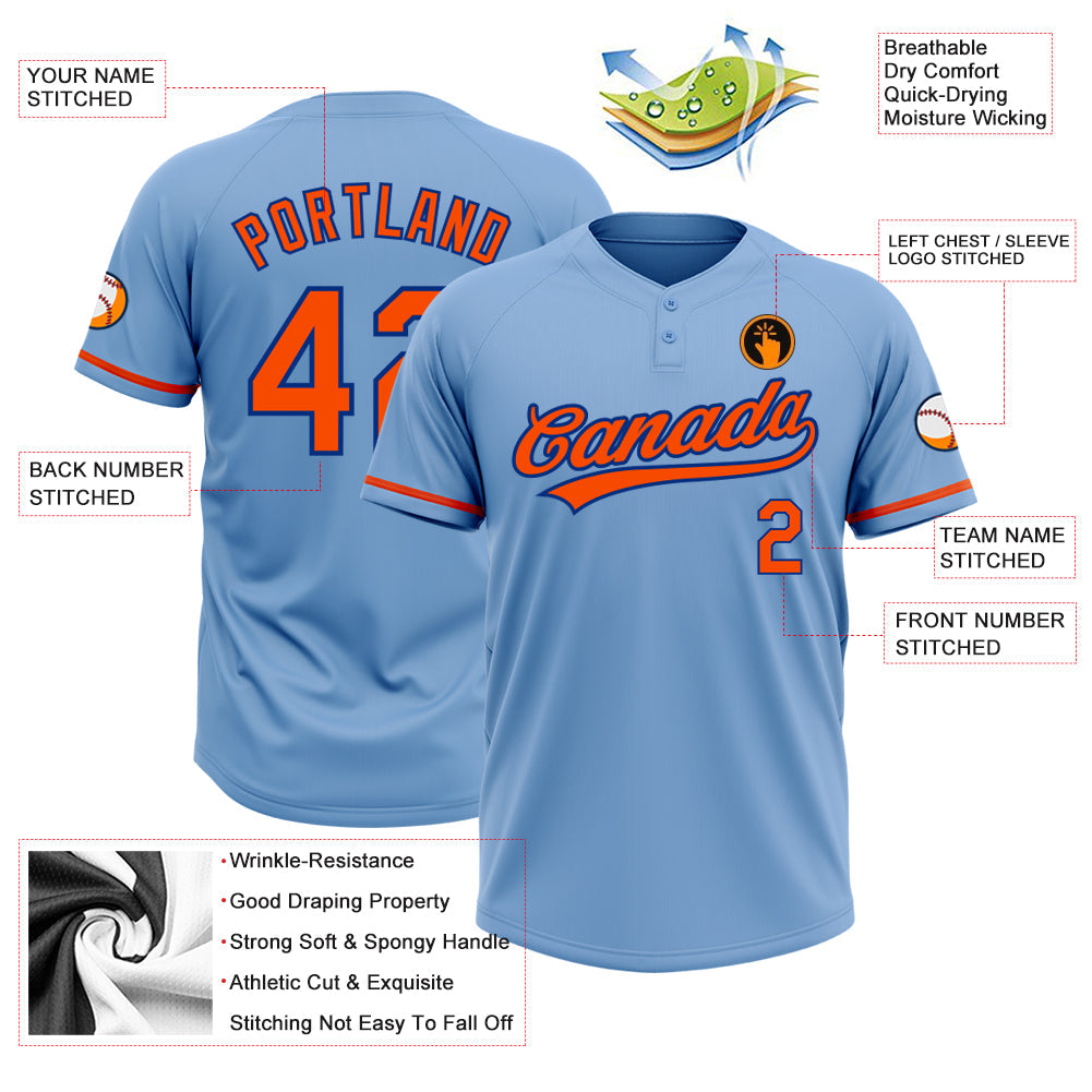 Custom Light Blue Orange-Royal Two-Button Unisex Softball Jersey view 3