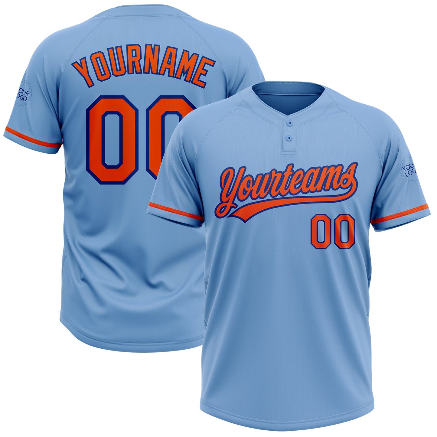 Custom Light Blue Orange-Royal Two-Button Unisex Softball Jersey - Main View