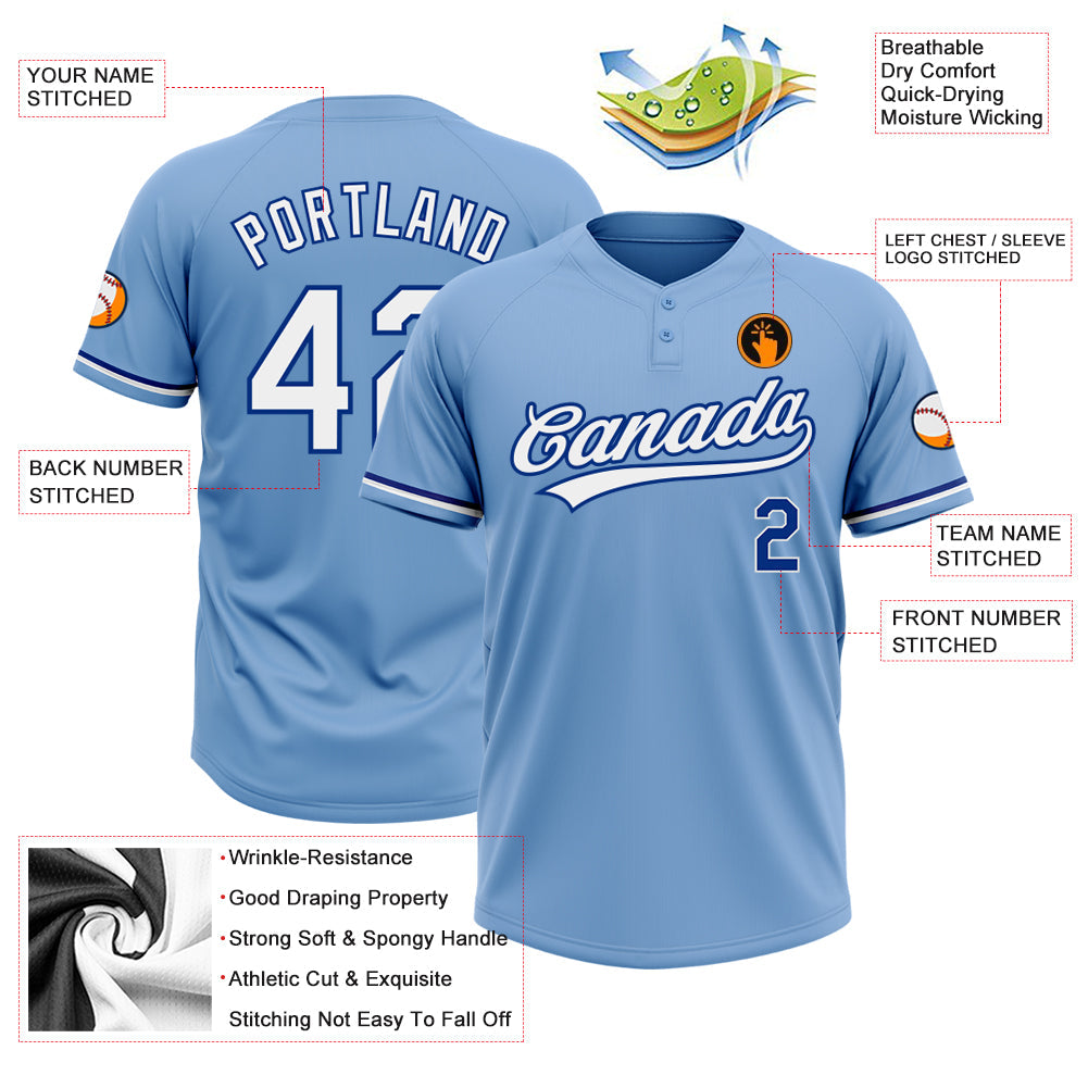 Custom Light Blue White-Royal Two-Button Unisex Softball Jersey view 3