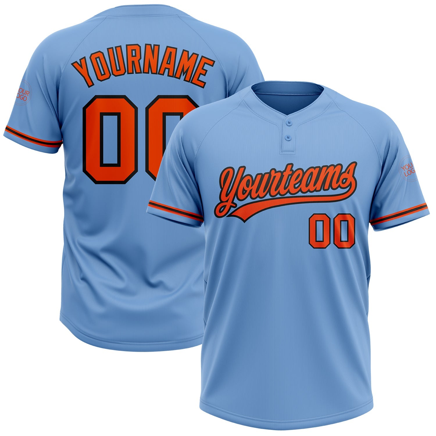 Custom Light Blue Orange-Black Two-Button Unisex Softball Jersey - Main View