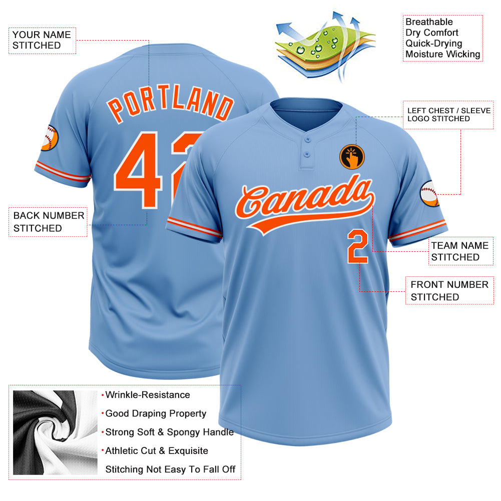 Custom Light Blue Orange-White Two-Button Unisex Softball Jersey view 3