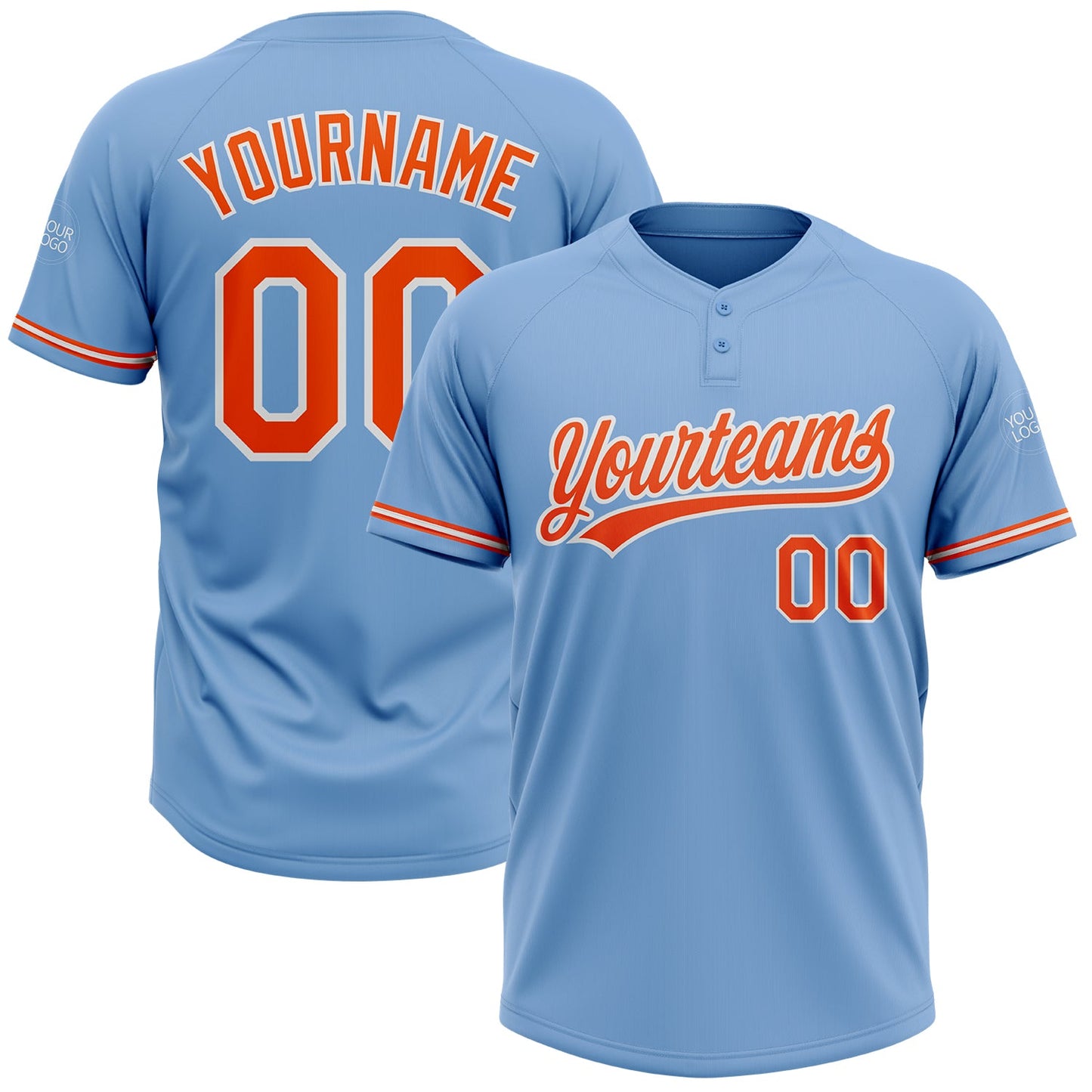 Custom Light Blue Orange-White Two-Button Unisex Softball Jersey - Main View