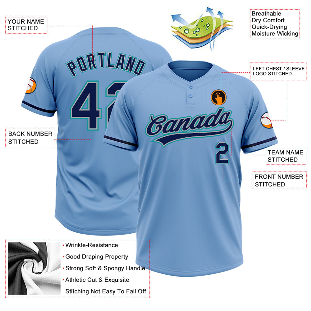 Custom Light Blue Navy Gray-Teal Two-Button Unisex Softball Jersey view 3