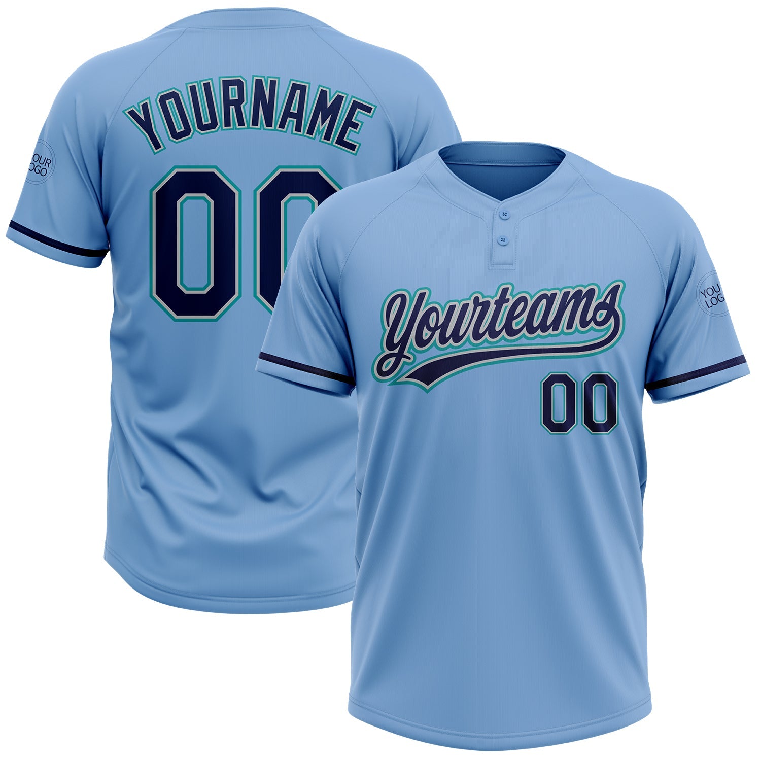 Custom Light Blue Navy Gray-Teal Two-Button Unisex Softball Jersey - Main View