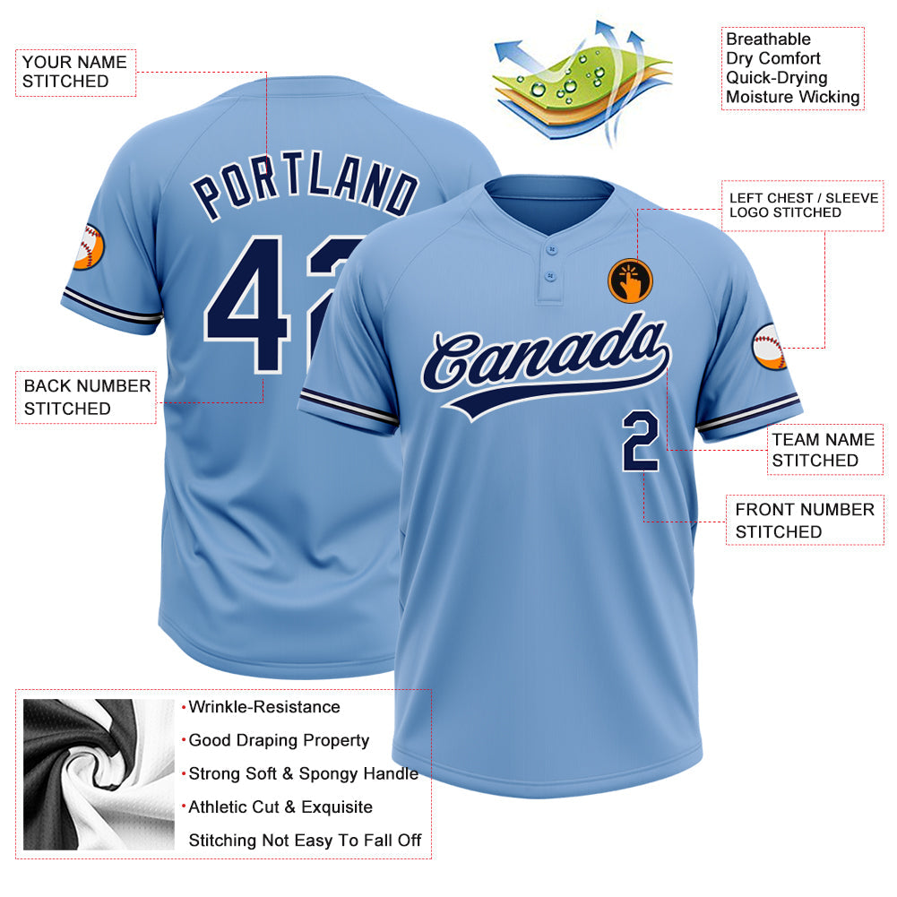 Custom Light Blue Navy-White Two-Button Unisex Softball Jersey view 3