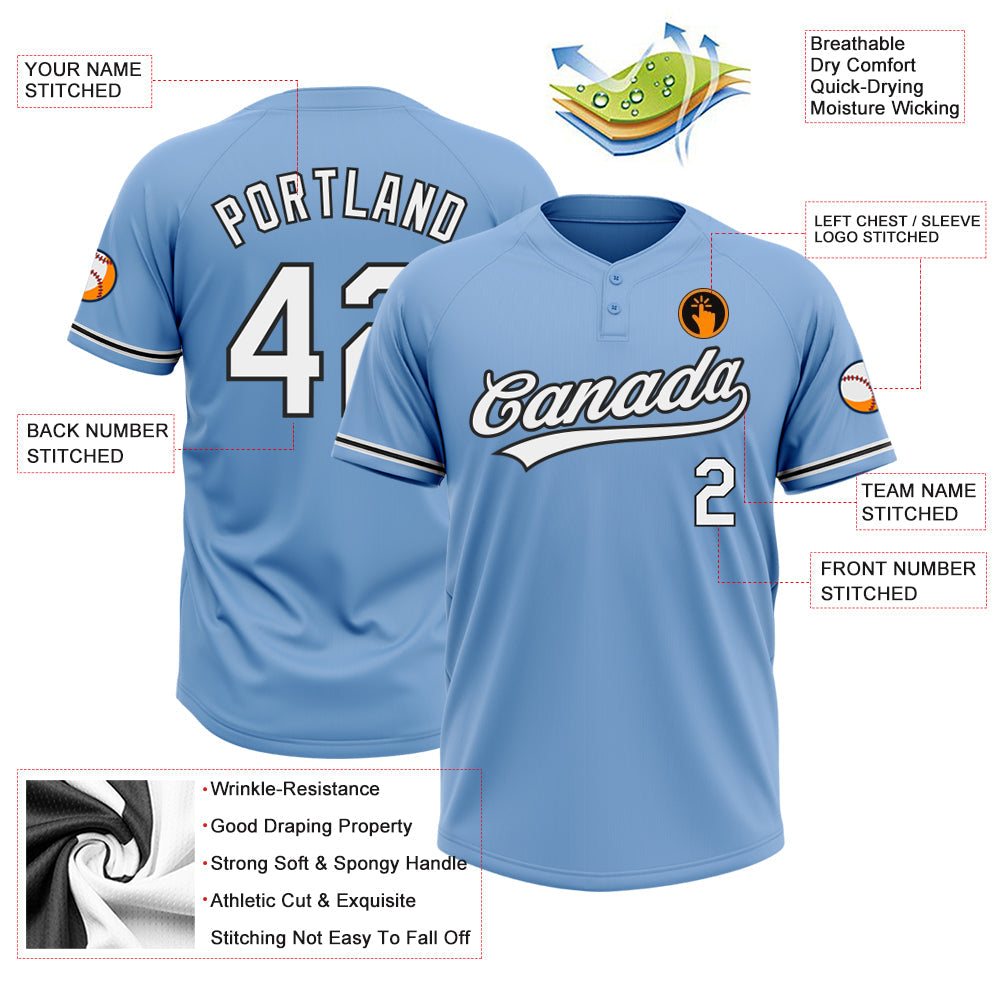 Custom Light Blue White-Black Two-Button Unisex Softball Jersey view 3