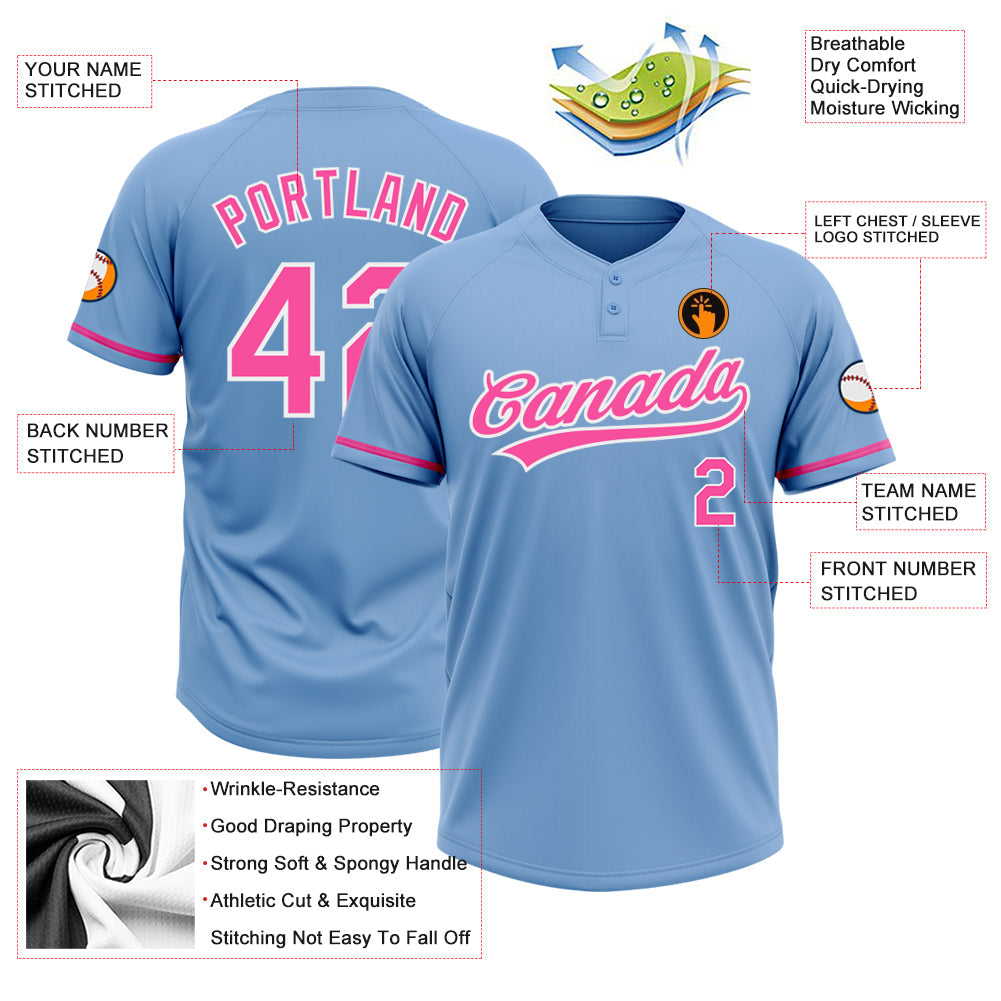 Custom Light Blue Pink-White Two-Button Unisex Softball Jersey view 3