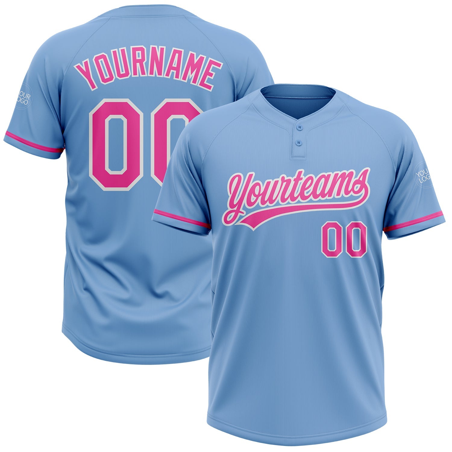 Custom Light Blue Pink-White Two-Button Unisex Softball Jersey - Main View