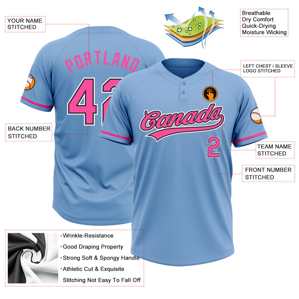 Custom Light Blue Pink-Black Two-Button Unisex Softball Jersey view 3