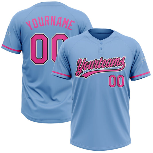 Custom Light Blue Pink-Black Two-Button Unisex Softball Jersey - Main View