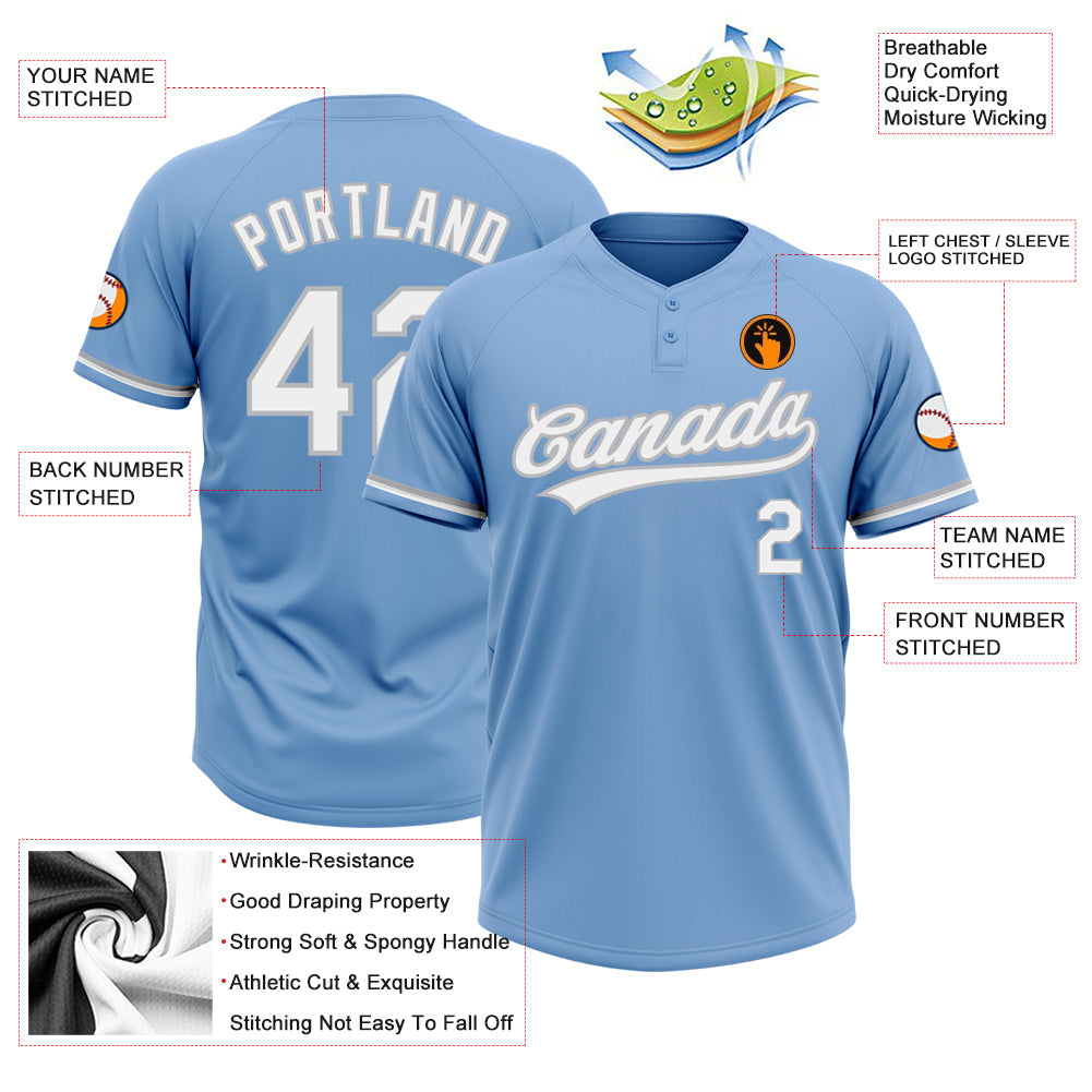 Custom Light Blue White-Gray Two-Button Unisex Softball Jersey view 3