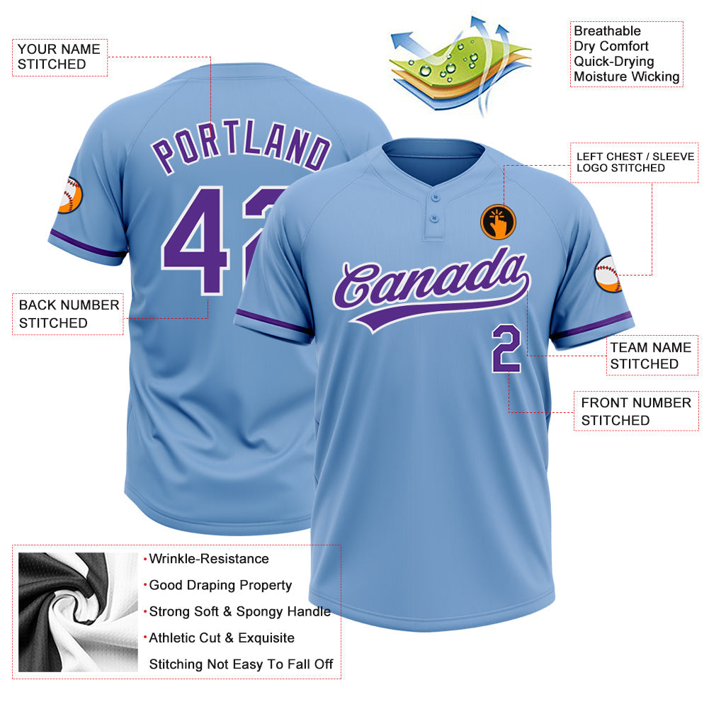 Custom Light Blue Purple-White Two-Button Unisex Softball Jersey view 3