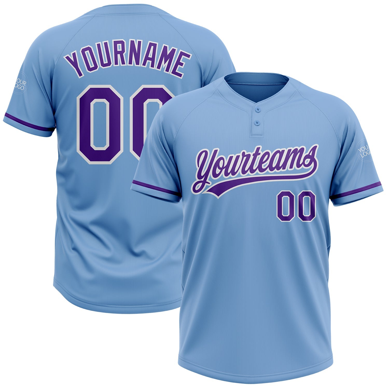 Custom Light Blue Purple-White Two-Button Unisex Softball Jersey - Main View