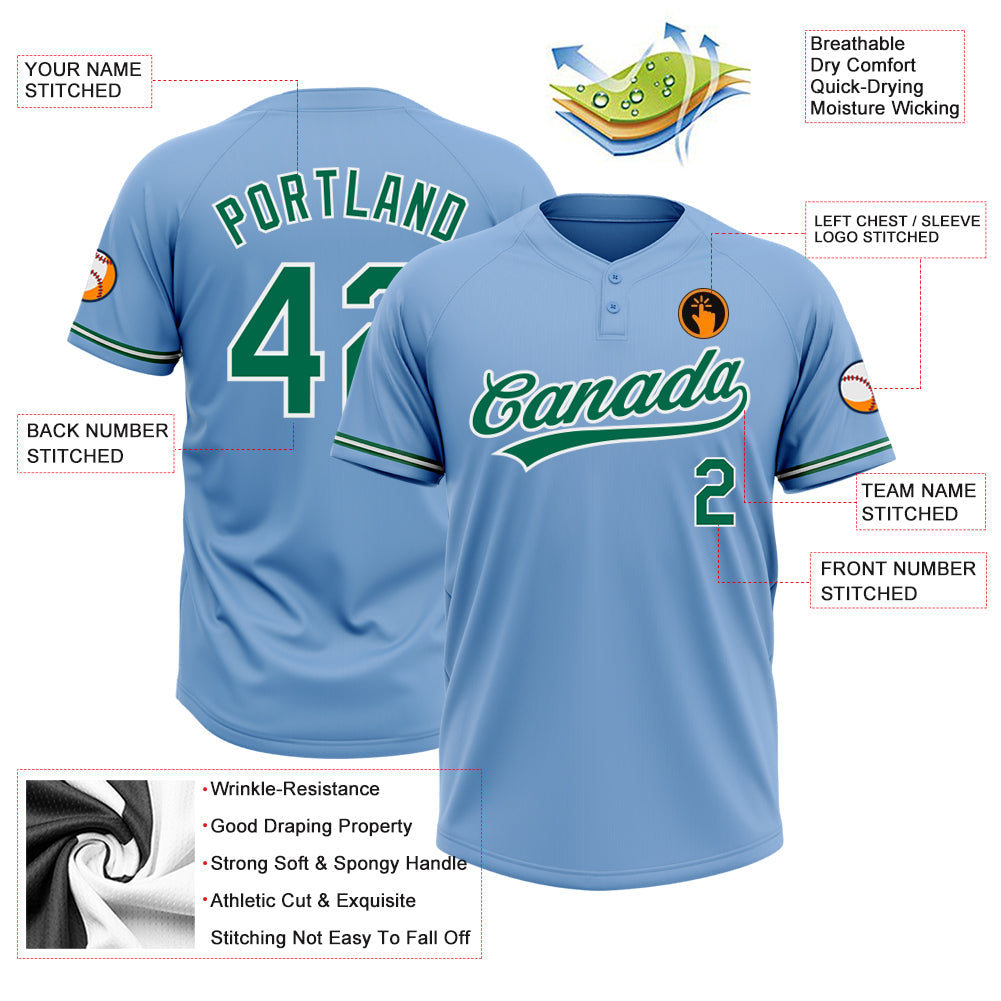 Custom Light Blue Kelly Green-White Two-Button Unisex Softball Jersey view 3