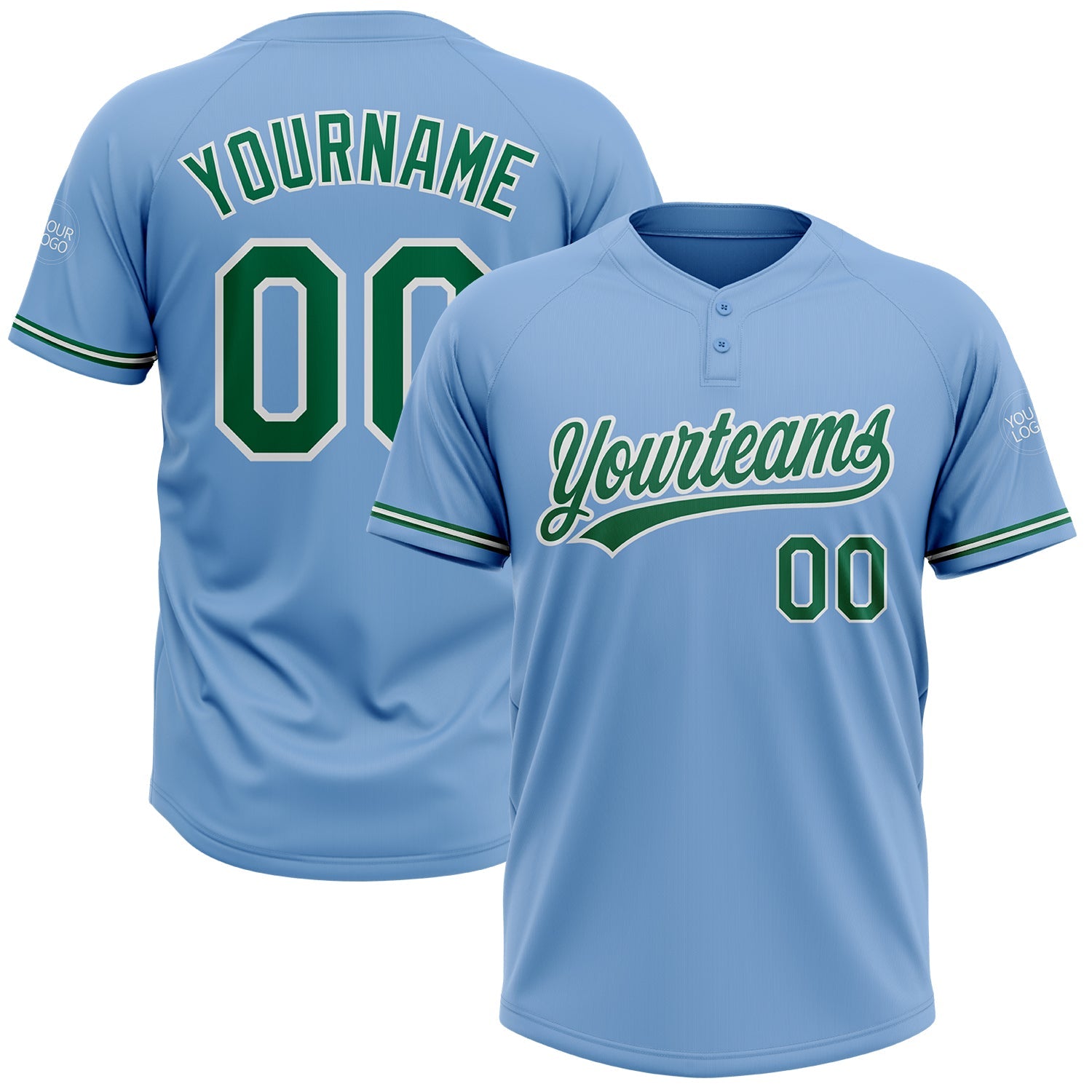 Custom Light Blue Kelly Green-White Two-Button Unisex Softball Jersey - Main View