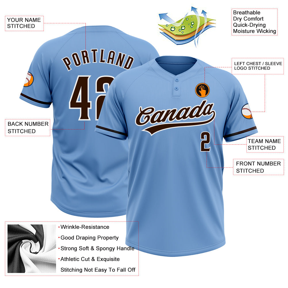 Custom Light Blue Brown-White Two-Button Unisex Softball Jersey view 3