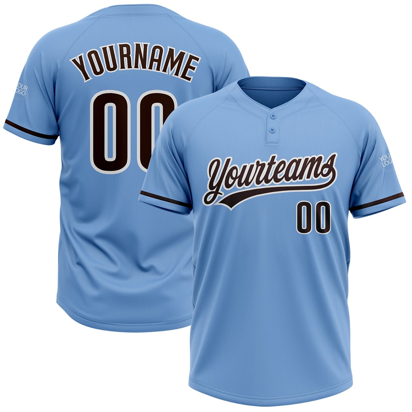 Custom Light Blue Brown-White Two-Button Unisex Softball Jersey - Main View