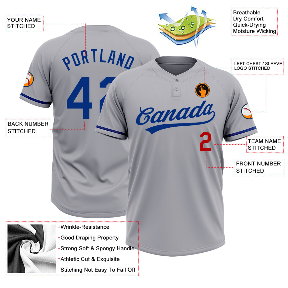 Custom Gray Royal-Red Two-Button Unisex Softball Jersey view 3