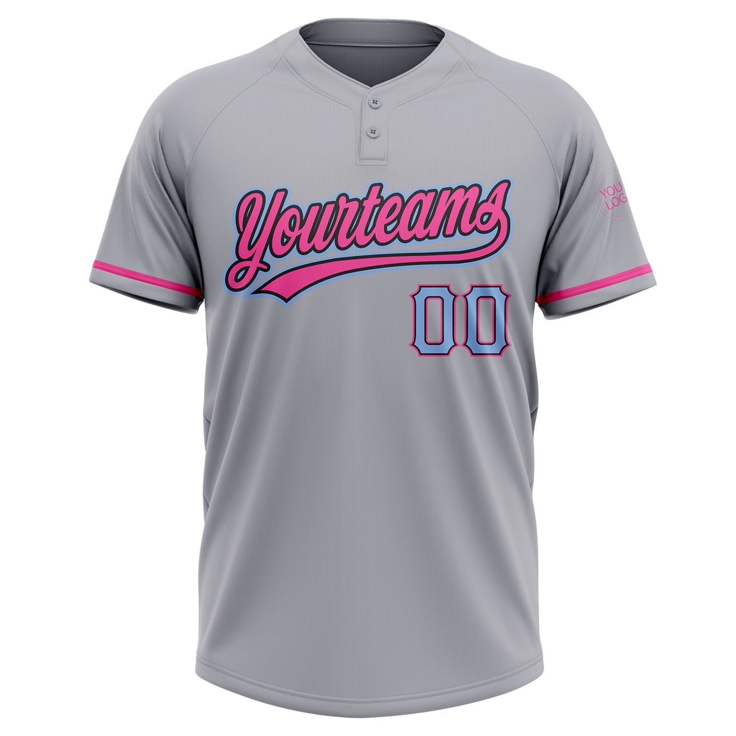 Custom Gray Light Blue Black-Pink Two-Button Unisex Softball Jersey view 2