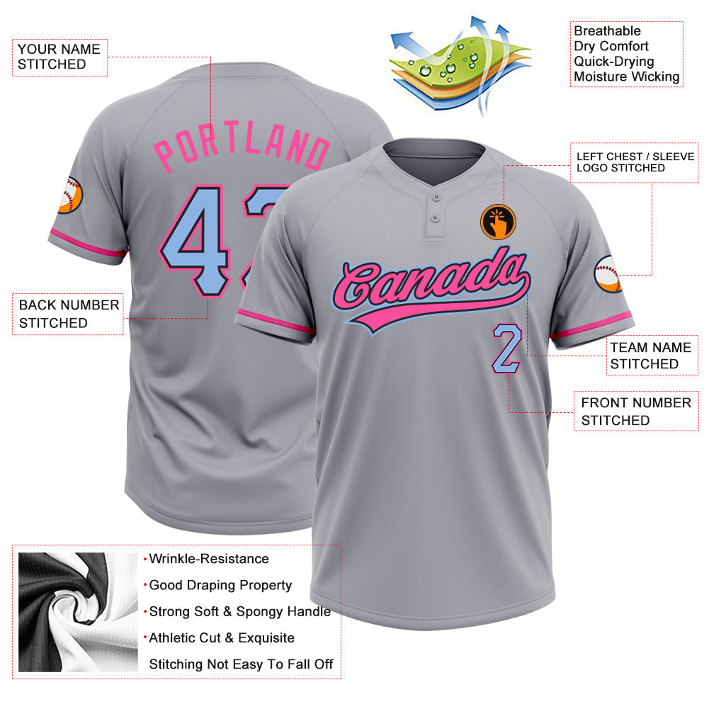 Custom Gray Light Blue Black-Pink Two-Button Unisex Softball Jersey view 3