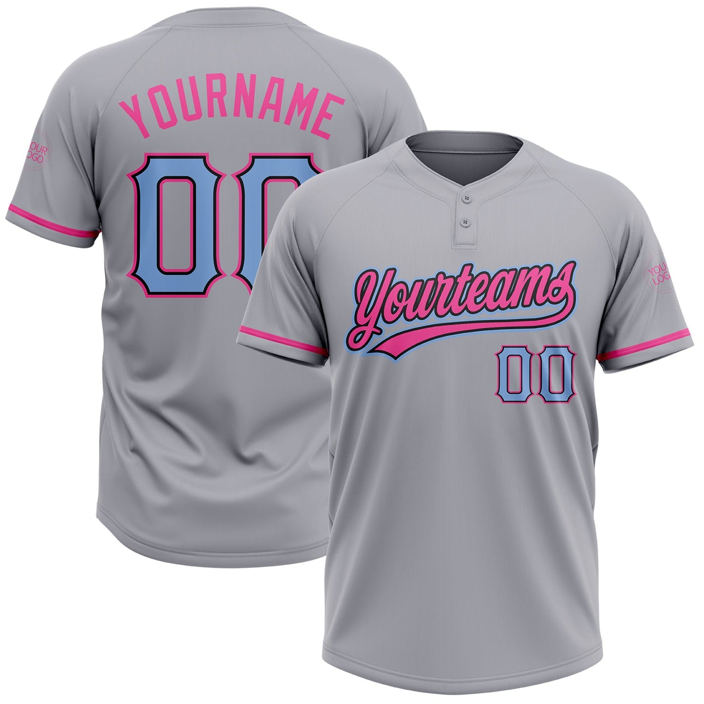 Custom Gray Light Blue Black-Pink Two-Button Unisex Softball Jersey - Main View