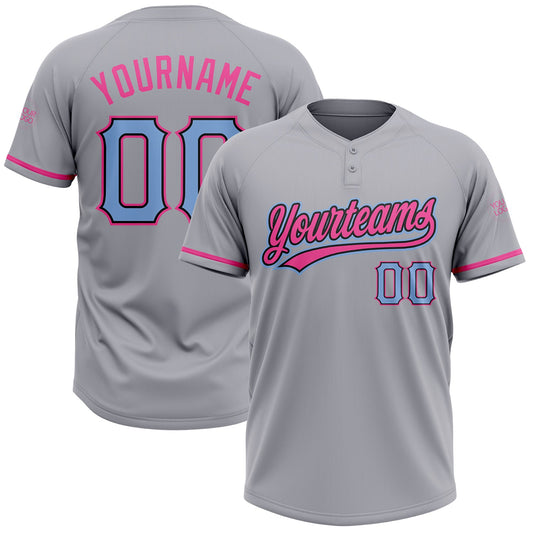 Custom Gray Light Blue Black-Pink Two-Button Unisex Softball Jersey - Main View