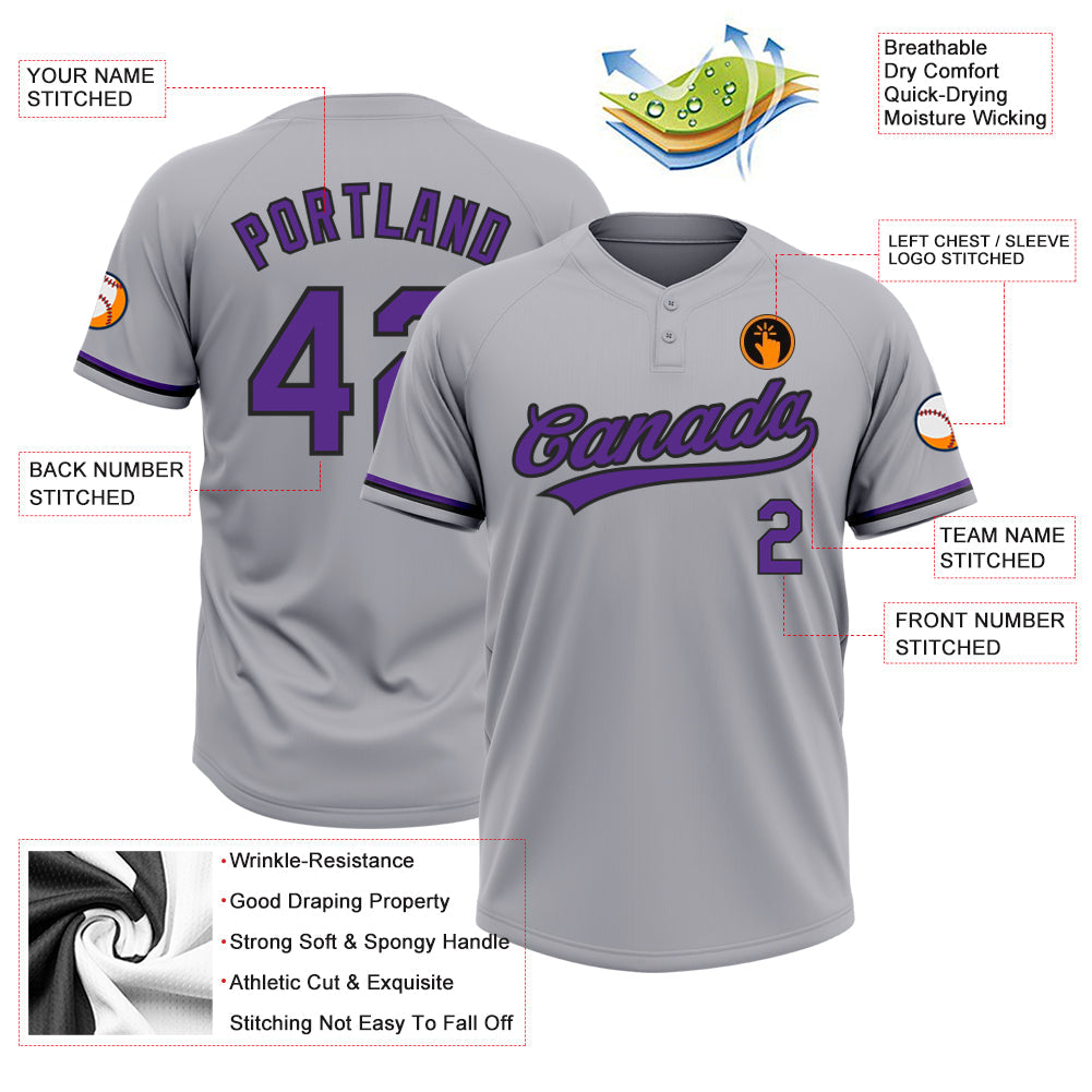 Custom Gray Purple-Black Two-Button Unisex Softball Jersey view 3