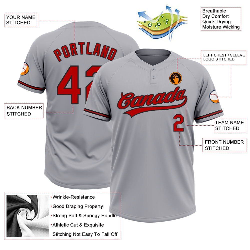 Custom Gray Red-Black Two-Button Unisex Softball Jersey view 3