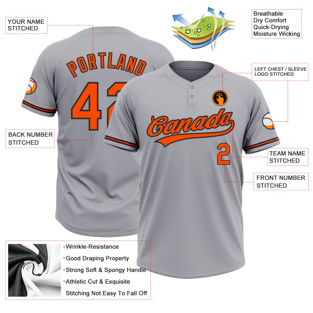 Custom Gray Orange-Black Two-Button Unisex Softball Jersey view 3