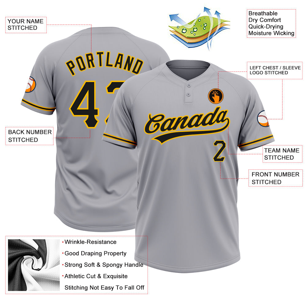Custom Gray Black-Gold Two-Button Unisex Softball Jersey view 3
