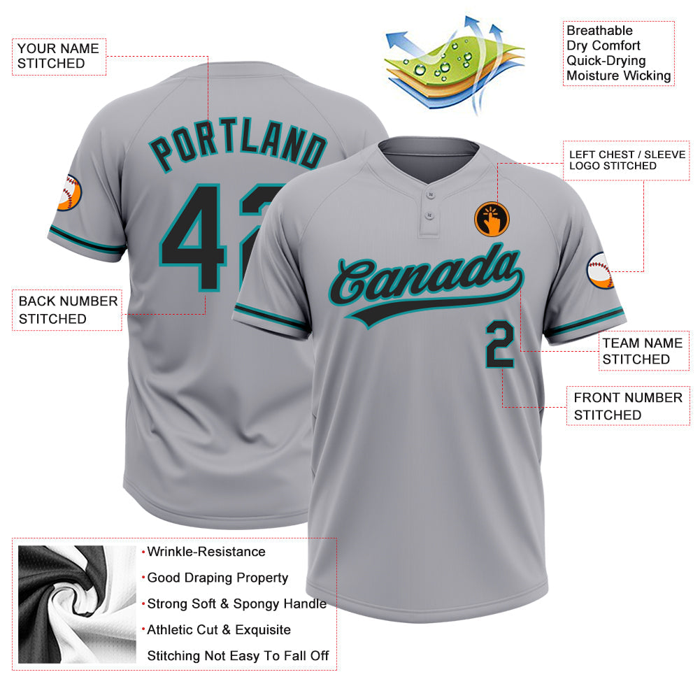 Custom Gray Black-Teal Two-Button Unisex Softball Jersey view 3