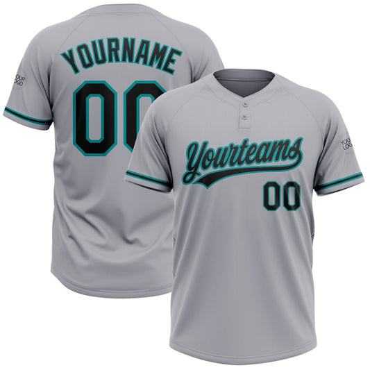 Custom Gray Black-Teal Two-Button Unisex Softball Jersey - Main View