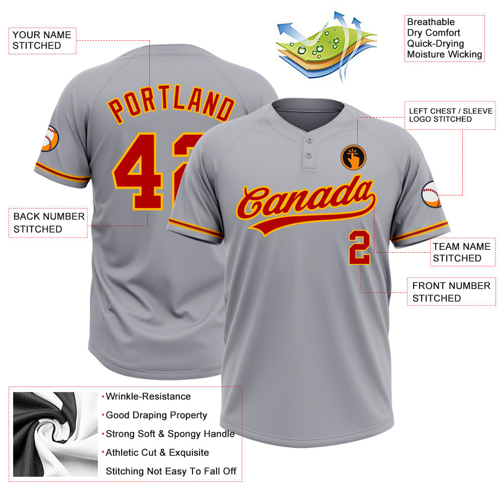 Custom Gray Red-Gold Two-Button Unisex Softball Jersey view 3
