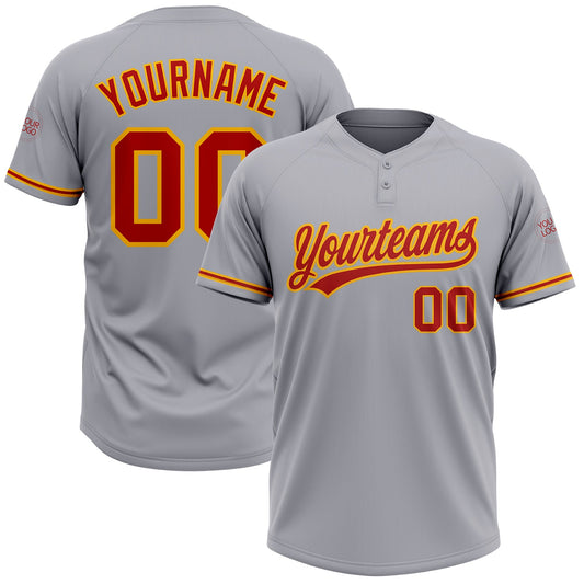 Custom Gray Red-Gold Two-Button Unisex Softball Jersey - Main View