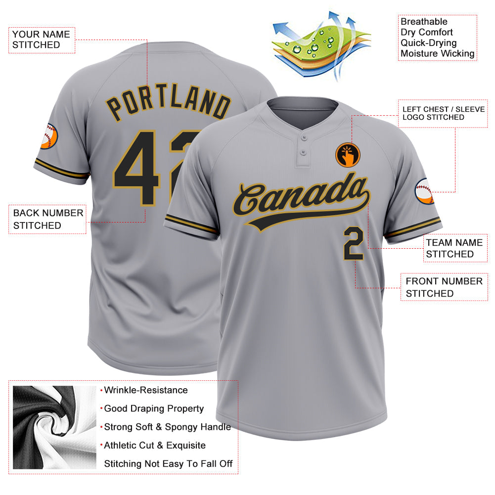 Custom Gray Black-Old Gold Two-Button Unisex Softball Jersey view 3