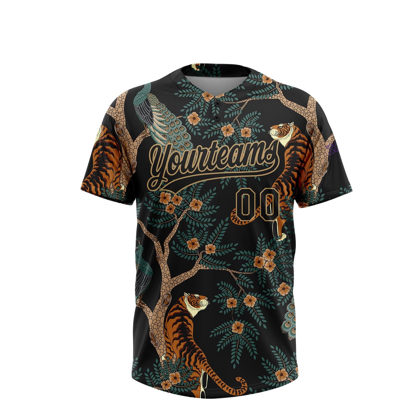 Custom Black Old Gold 3D Pattern Tiger And Peacock Two-Button Unisex Softball Jersey view 2