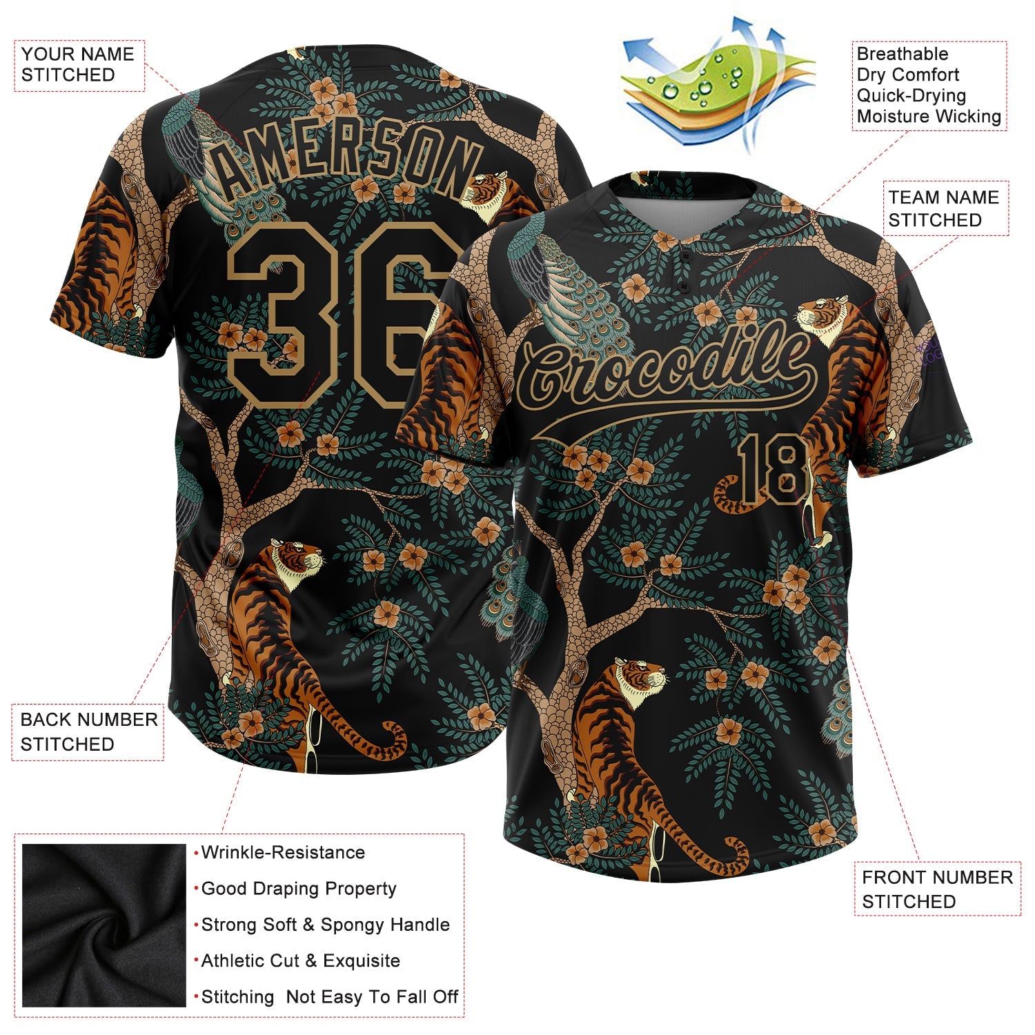 Custom Black Old Gold 3D Pattern Tiger And Peacock Two-Button Unisex Softball Jersey view 3