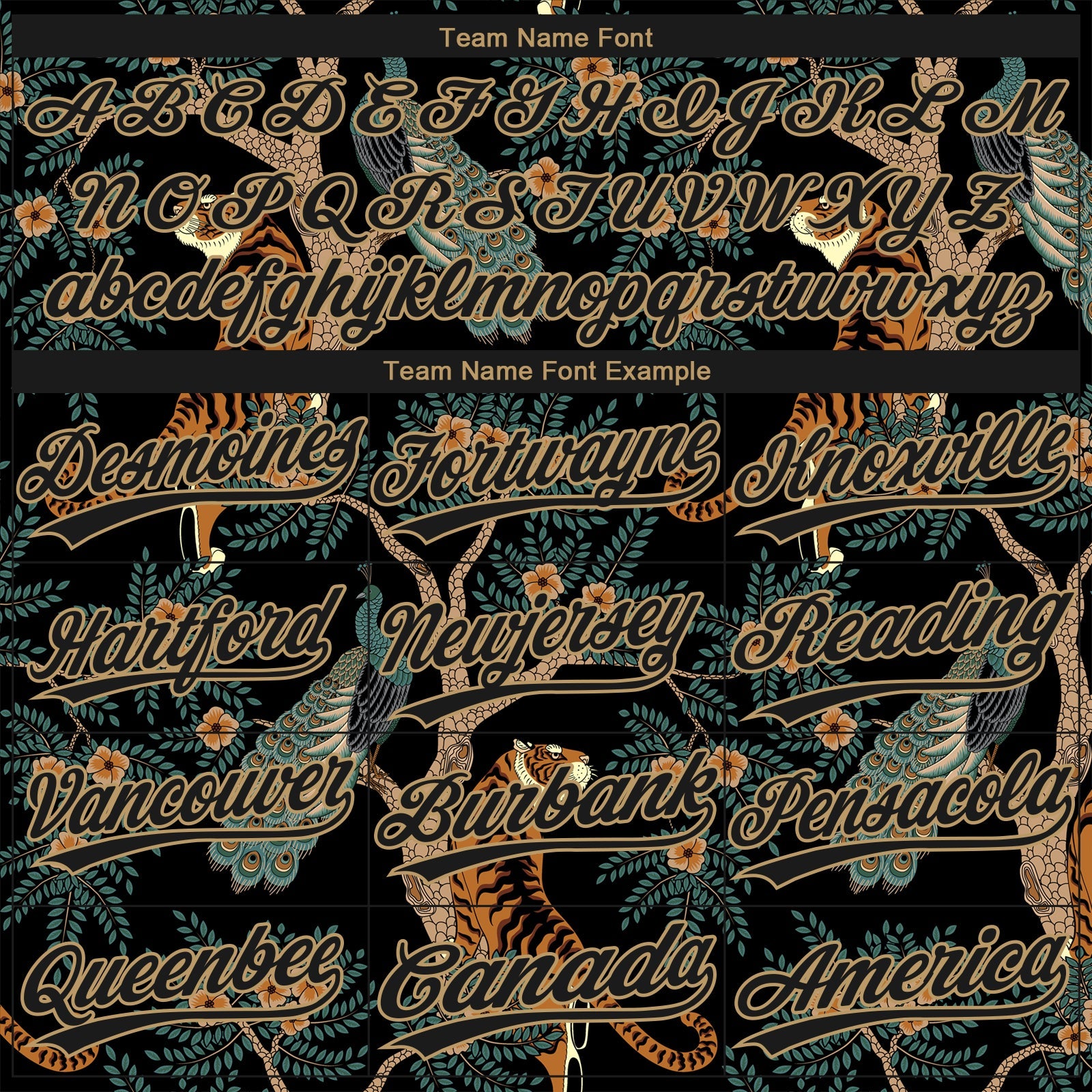 Custom Black Old Gold 3D Pattern Tiger And Peacock Two-Button Unisex Softball Jersey view 4