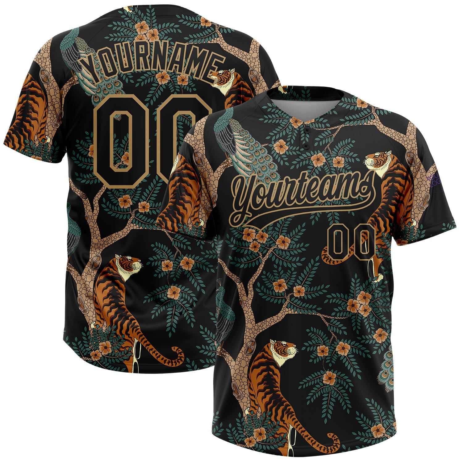 Custom Black Old Gold 3D Pattern Tiger And Peacock Two-Button Unisex Softball Jersey - Main View