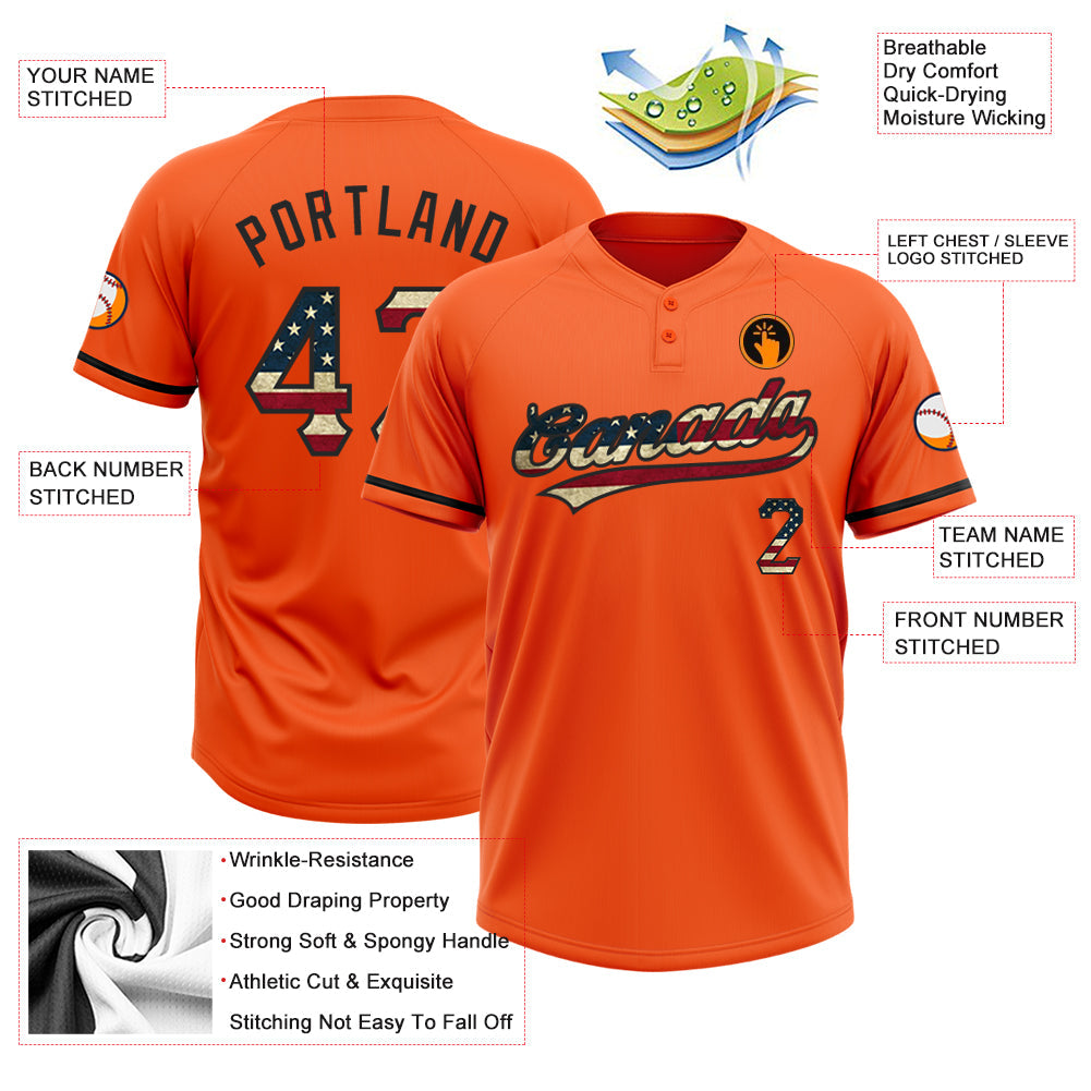 Custom Orange Vintage USA Flag-Black Two-Button Unisex Softball Jersey view 3