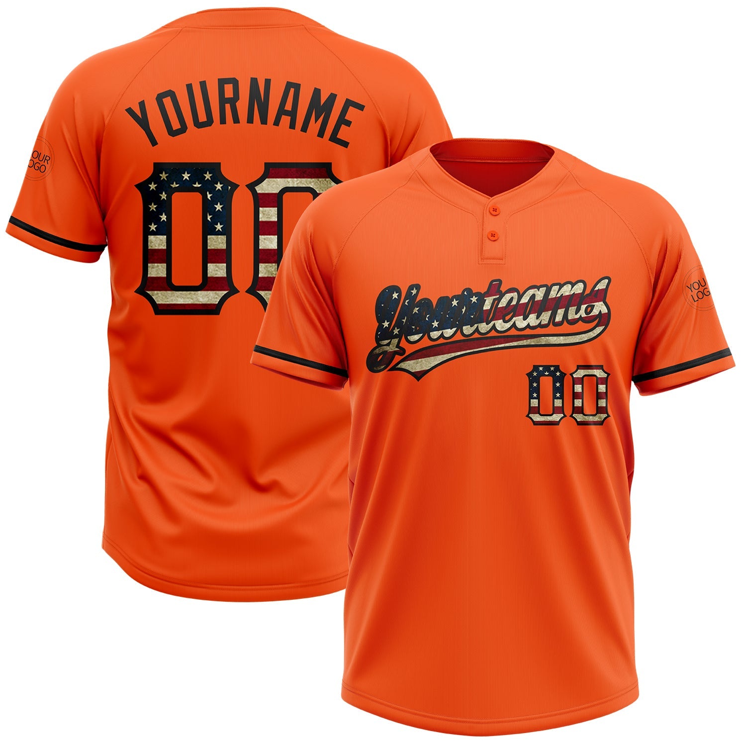 Custom Orange Vintage USA Flag-Black Two-Button Unisex Softball Jersey - Main View