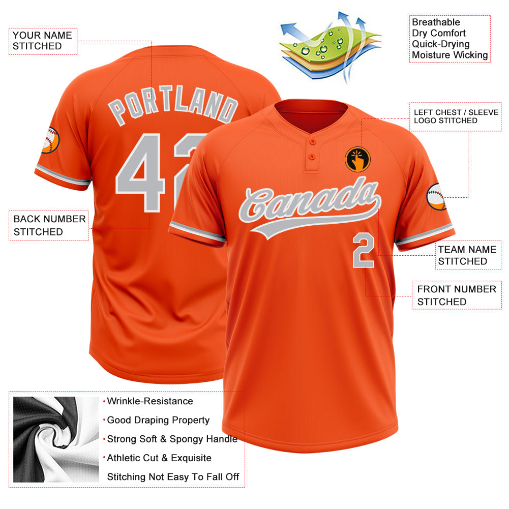Custom Orange Gray-White Two-Button Unisex Softball Jersey view 3