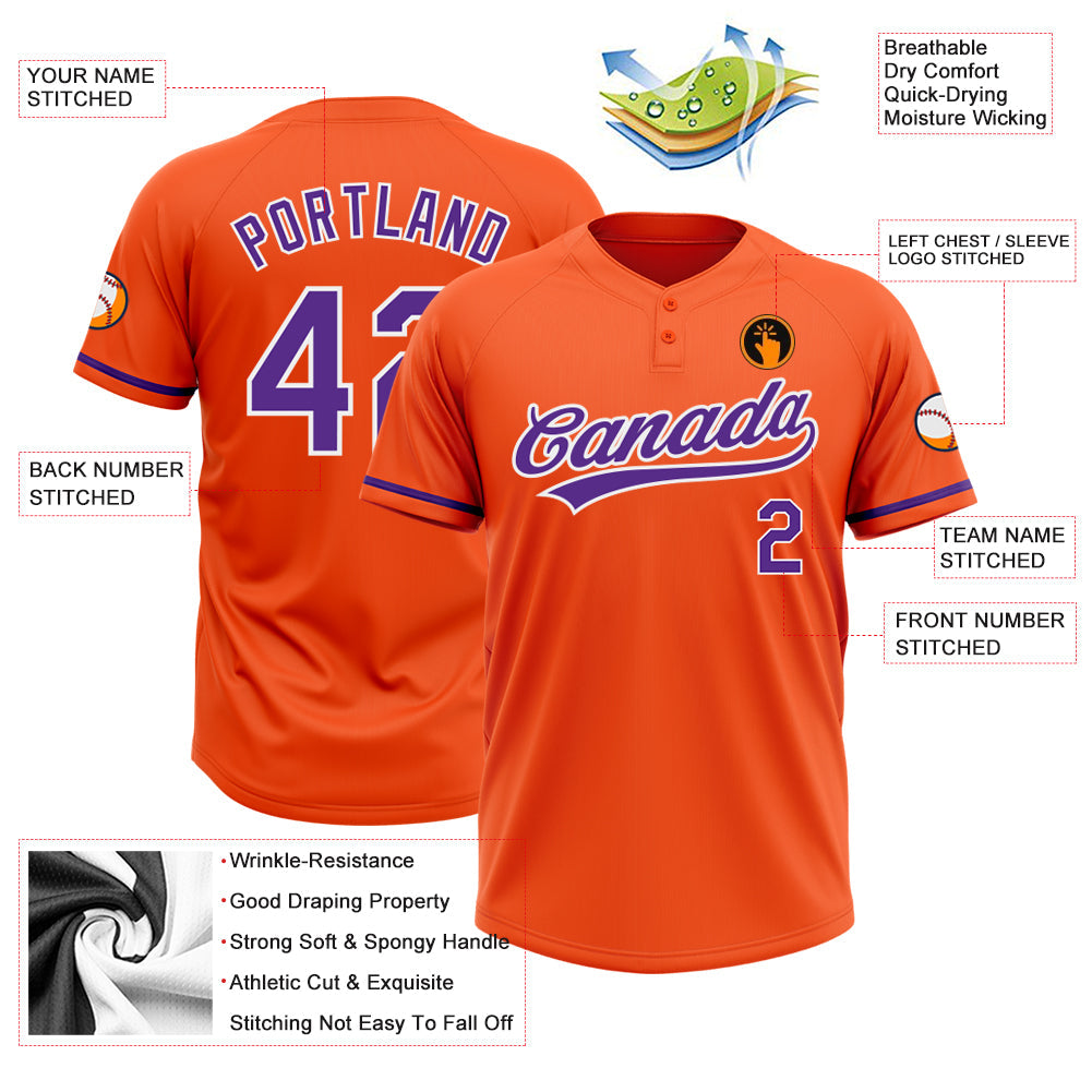 Custom Orange Purple-White Two-Button Unisex Softball Jersey view 3